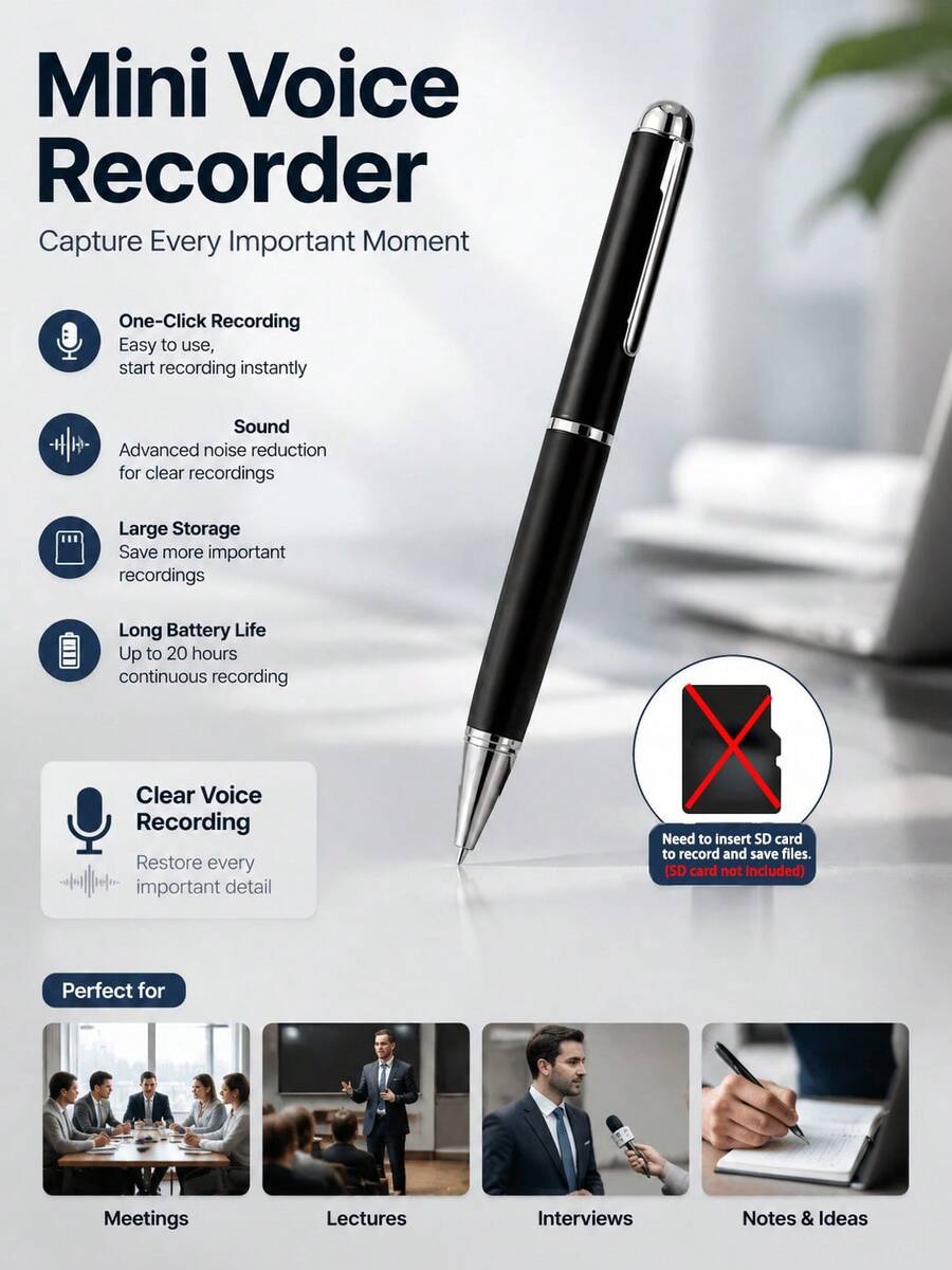 Voice Recorder With Playback Digital Voice Activated Recorder With Intelligent Noise Reduction, 180mAh Recording Device, Smart Tap Dictaphone For Lectures Meeting, Class, Work, Interviews Voice Recorder - View 1