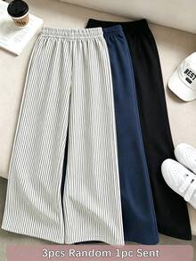 [Random 3 Pieces,Send 1 Piece]Minimal Flow Girls Vertical Stripe Wide Leg Pants, Elastic High Waist Lightweight Casual Trousers - Multicolor - View 1