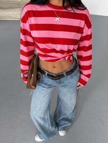Top casual de mujer a rayas con contraste de color y textura acanalada, para uso diario en primavera/otoño - Rosa Roja - Ver 3