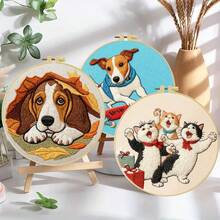 1PC 20*20cm/7.9*7.9in,Animal Party Embroidery Kit, DIY Handmade Embroidery Set For Adult Beginners, Home Gift, Women's Sewing Gift, Including User Manual, Printed Pattern Fabric, Embroidery Frame, Needle And Thread. - A - View 3