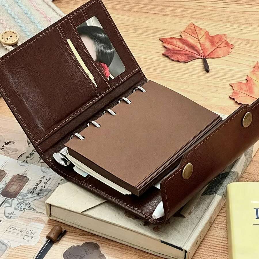 Vintage Dark Brown Triple Fold M5 5-Hole Loose-Leaf Binder Cover, Multi Pocket PU Leather Journal Planner With Refillable Inner Pages, Learning Supplies, Back To School Supplies, Portable Mini Hand Account Notebook For Students - A - View 1
