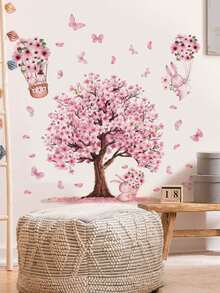 1pc Pink Cherry Blossom Cute Rabbit Bouquet Butterfly Wall Decor Sticker, Removable Room Decoration Wall Decal For Bedroom, Living Room, Girls' Children's Room - 1PC - View 3