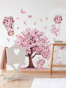 1pc Pink Cherry Blossom Cute Rabbit Bouquet Butterfly Wall Decor Sticker, Removable Room Decoration Wall Decal For Bedroom, Living Room, Girls' Children's Room - 1PC - View 1