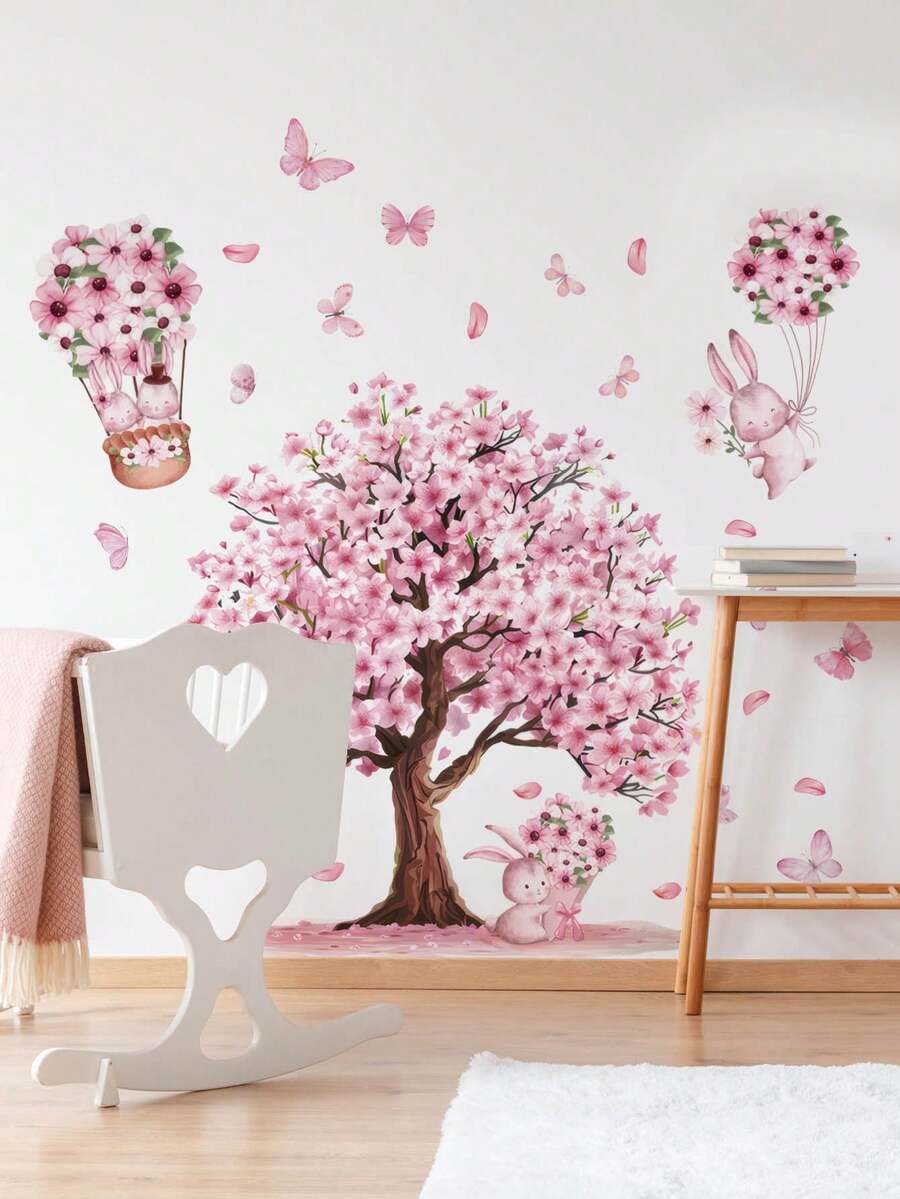 1pc Pink Cherry Blossom Cute Rabbit Bouquet Butterfly Wall Decor Sticker, Removable Room Decoration Wall Decal For Bedroom, Living Room, Girls' Children's Room - 1PC - View 1