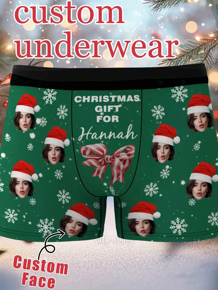 Men Custom Female Face With Santa Hat, Red Lip Print & Funny Cartoon Graphic Green Polyester Boxer Briefs For Christmas Flirty Novelty Personalized - Multicolor - View 1