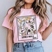 Disney Cream Crew Neck Tee Black Border Square Frame Full Group Cartoon Characters Hand Letter Year Print Cotton Loose T-Shirt - AT44703 - 查看 8