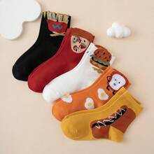 5 Pairs Hamburger & French Fries Pattern Funny Cartoon Mid-Calf Socks For Kids, Autumn/Winter, Back To School, Christmas - Multicolor - View 8