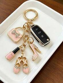 Car Key Pendant/Bag Charm, Fashion Accessory Keychain Pendant, Rhinestone-Studded Bag, High Heel, Nail Polish, Ballet Shoe Design, Pink Enamel With Gold Chain, Exquisite Sparkling Rhinestone Accents, Metal Material Sturdy And Durable, Compact And Lightweight, Secure Closure. Can Be Hung On Backpacks, Car Keys, Daily Commute, Travel Decoration, Exquisite Female Accessory, Romantic Niche Gift For Festivals, Birthdays, Back To School Season. - Multicolor - View 11