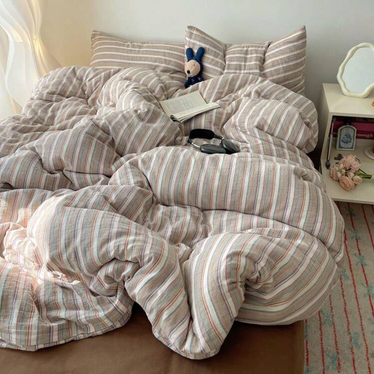3pc 100% Polyester Vintage Style Ins Minimalist Striped Duvet Set 2 Pillowcases + 1 Duvet Cover Set Combination (No Bed Sheet) - Multicolor - View 1