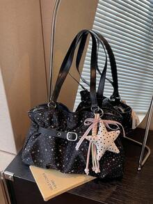 New Casual Solid Color Oxford Cloth Tote Bag, Star Pattern, Pleated Fabric Women Shoulder Bag - Black - View 8