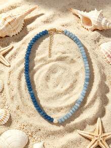 1pc European & American Bohemian Round Flat Geometric Natural Stone Cracked Effect Mixed Color Beaded Short Necklace With Freshwater Pearl And Stainless Steel Accessories, Summer Beach Vacation Wear - Stone Bead Stainless Steel Necklace - View 17