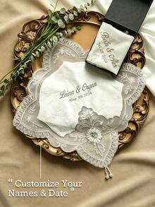 Personalized Embroidered Bridal Handkerchief, Customizable Name And Wedding Date, Elegant Lace Wedding Handkerchief, Suitable For Bride, Wedding Keepsake Gift Box, Bridal Luxury Gift, Gift Box Packaging, Suitable For Special Occasions - Multicolor - View 1