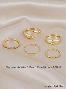 5pcs Exquisite Cubic Zirconia Inlaid Wave & Water Drop Ring Set, Suitable For Women's Daily Wear, Dating, Party, Stacking - Yellow Gold - View 2