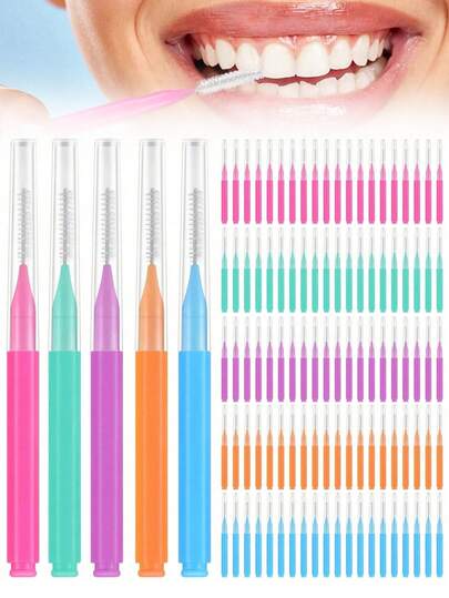 100/50/30/20/10pcs Orthodontic Interdental Brushes Stainless Steel Braces Toothbrush Plastic Toothpicks Push-Pull Cleaning Toothbrush Random Color