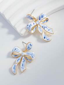 2pcs/Set Vintage Oil Painting Drip Glaze Blue & White Porcelain Bow Earrings, Fashion Enamel Ribbon Earrings, Women's Style - Multicolor - View 2