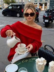 Women's Spring Valentine's Day Red Casual Cute Off-Shoulder Off-Shoulder Long Sleeve Sweater, Fall Clothes, Boho Chic, Going Out Tops Women - Red - View 3