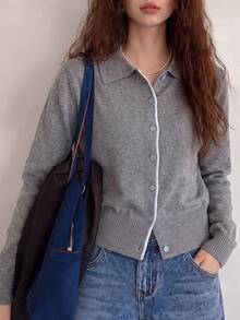 Women's Autumn/Winter Casual Minimalist Elegant Gentle Colorblock Design Lapel Cardigan Knit Sweater Fall - Grey - View 3