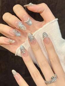 10pcs Short Oval Handmade Press-On Nails, Light Blue Cat Eye Butterfly Zirconia Style, Suitable For Girls And Women For Holiday Parties And Daily Wear, Summer New - Baby Blue - View 4