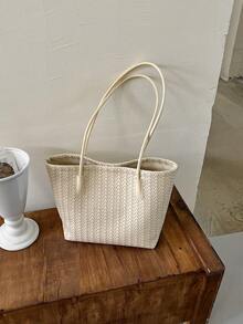 1 Piece Of Solid Color Large Capacity Woven Pattern Women's Bag, Fashionable And Versatile, Suitable For Women Commuting To Work Under The Armpit - White - View 5