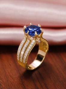 1 buah Cincin Wanita Bertema Kubik Zirkonia, Cocok untuk Pernikahan, Pertunangan, dan Hadiah Hari Valentine - Kuning keemasan + biru tua - View 8