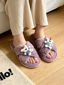 Women's Plush Cross Strap Open Toe Slippers, Cute Cartoon Bear & Cherry Decor, Fluffy Soft Comfortable, Indoor Bedroom Home Shoes - Style B - Purple - View 7