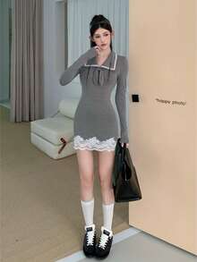 New Women's Spring/Autumn Sexy Style Turn-Down Collar Bow Hem Contrast Lace Fitted Bodycon Long Sleeve Knit Dress - Grey - View 5