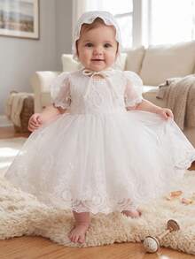 Newborn/Baby Girls' High-End Embroidered Tulle Dress, Suitable For Wedding, Birthday Party, Special Occasions - White - View 6