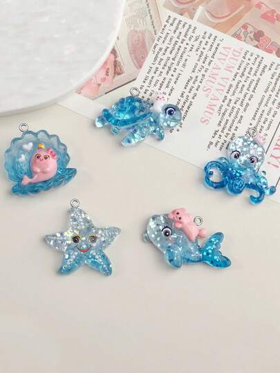 10/20/100pcs Cartoon DIY Resin Accessories Jewelry Glitter Ocean Animal Necklace Earrings Phone Chain Pendant