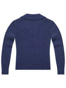 Y2K American Vintage Women's V-Neck Knit Pullover - Navy Blue - View 6