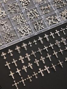24-Grid Box/120pcs Bulk Mixed Vintage Rhinestone Cross Metal Nail Art Charms, Punk Style Silver Cross 3D Nail Decor Accessories DIY Rhinestone Decoration Set - Multicolor - View 8