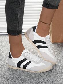 Flipark 1 Pair Women's Light Colorblock Striped German Trainer Shoes, Flat Lace-Up Retro Commuter Casual Sneakers, Collegiate Style - White - View 2