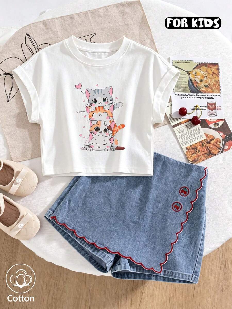 Mädchen Sommer T-Shirt mit kurzen Ärmeln, figurbetontes T-Shirt, Baumwoll-Strickstoff, modischer Streetstyle, süßer Katzen-Print - Weiss - Übersicht 1