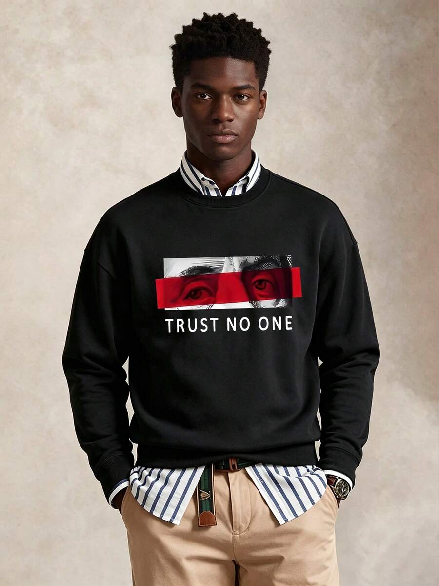 Sudadera holgada de cuello redondo con manga larga y estampado de letras casual para hombre, para primavera y otoño - Negro - Ver 1