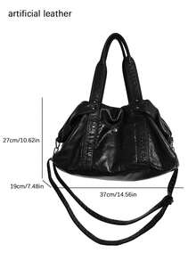 Nicekee Retro And Motorcycle Style Tote Bag, Versatile And Simple Solid Color Handbag, Large Capacity Multifunctional Fashionable Shoulder Bag - Black - View 8