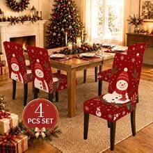 1/2/4/6/8pcs Christmas Snowman Print Elastic Chair Covers, Removable, Washable, Easy To Clean, Suitable For All Seasons, Perfect For Holiday Home Decor, Fits Dining Room, Living Room And Kitchen - Multicolor - View 3