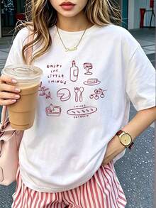 Plus Size Women's Daily Food Sketch Print Crew Neck Short Sleeve Casual Spring/Summer/Fall T-Shirt Top For Summer Holiday White - White - View 9