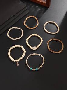 7pcs/Set Bohemian Coconut Shell & Shell Beaded Bracelets, Turquoise Fish & Pineapple Pendant Layered Bracelets, Men's Beach Vacation Jewelry - White - View 3