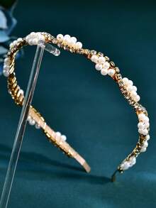 1pc Elegant Pearl Bridal Headband, Minimalist Rhinestone Narrow Headband For Wedding, Festival, Party, Daily Wear Women's Hair Accessory - Gold - View 8