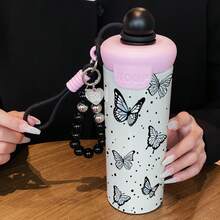1個 600ML 英文蝴蝶創意蝴蝶結水墨潑染圖案保溫杯，時尚便攜掛繩水壺，不鏽鋼咖啡杯，適合辦公室與旅行，推薦送給朋友/家人的咖啡禮物 - 彩色 - 查看 3
