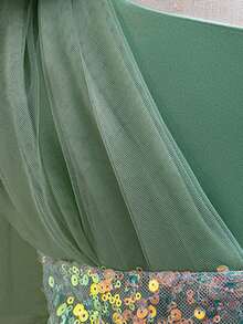 Tween Girl Sequin Decorated Asymmetrical Shoulder Bow Puff Cake Train Dress For Wedding Birthday Occasions All Season - Mint Green - View 10