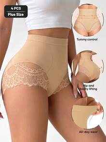 MEIYATING 4pcs Plus Size High Waist Tummy Control Butt Lifting Seamless Lace Pattern Triangle Panties For Women - Multicolor - View 5
