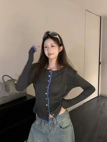 秋季新款女款韓式寬鬆2合1拼色拼接單排扣長袖防曬薄款開襟衫 - 深灰色 - 查看 5