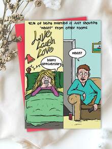 1pc Funny Married Couple Split Panel Cartoon Anniversary Greeting Card, 90% Marriage Is Shouting What From Other Rooms Humor Print, Live Laugh Love Sarcastic Novelty Gift For Husband Wife Spouse, Thicker And Larger Envelope And Card - Multicolor - View 5