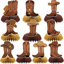 10Pcs Western Cowboy Honeycomb Table Centerpieces Cowboy Hat Boots Star Pattern Wild West Birthday Table Decor Supplies - A23 - View 1