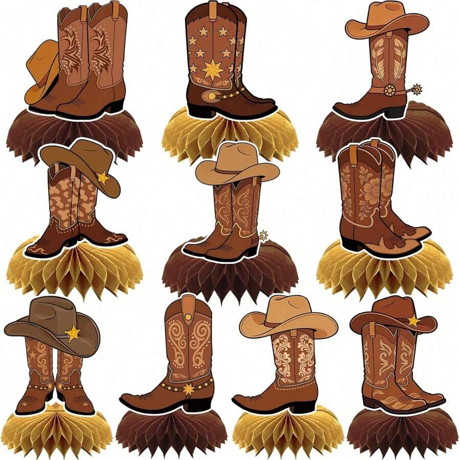 10Pcs Western Cowboy Honeycomb Table Centerpieces Cowboy Hat Boots Star Pattern Wild West Birthday Table Decor Supplies - A23 - View 1