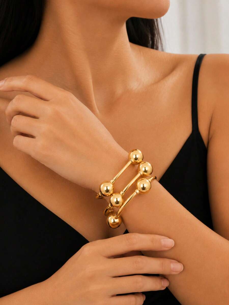 3pcs Vintage Chunky Gold Bracelet Set, European And American Style, Suitable For Women's Beach, Holiday Decoration, Charm Jewelry Gift - Yellow Gold - View 1