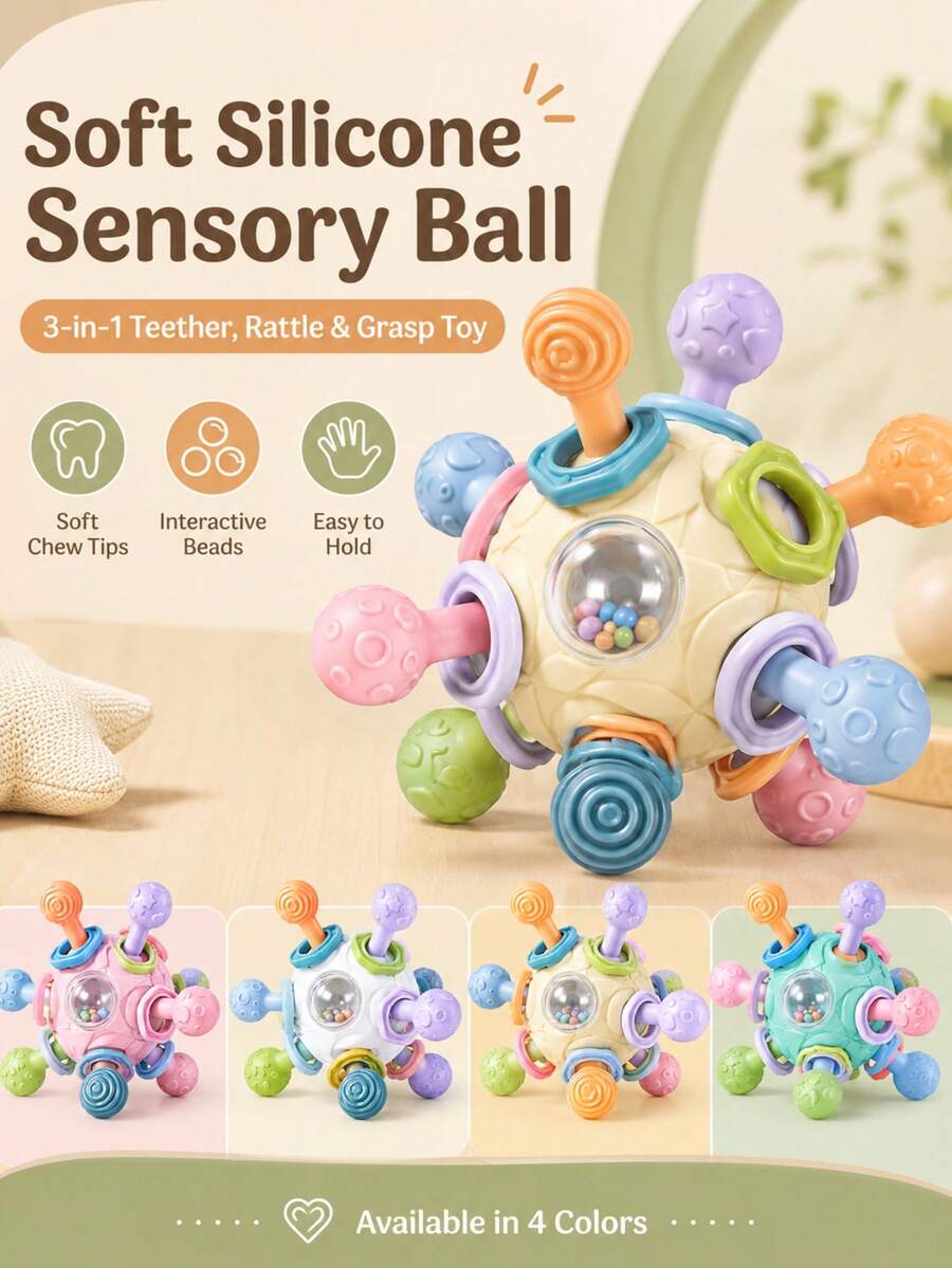 Kids Sensory Ball Toy, Colorful Baby Activity Rattle Ball With Textured Teething Rings, Interactive Educational Learning Toy, Toddler Gift - Multicolor - View 1