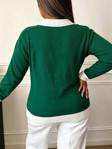 ASHKATIA Plus Size Women's Green Knit Pullover Sweater, Collared Ribbed Detail, Vintage Collegiate Style, Casual Daily Commute Fall - Multicolor - View 4