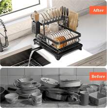 2 Layer Dish Drying Rack Kitchen Sink Drainer With Drainboard,Cup Holder,Plate Rack,Spoon Holder,Bowl Rack,Chopping Board Rack,2PCS Sponge Brush - Black - View 7