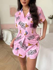 Noctvar OBM Sleepwear X Garfield 2pcs Cartoon Print Short Sleeve Top With Pocket And Shorts Pajama Set, Suitable For All Seasons - Pink - View 3